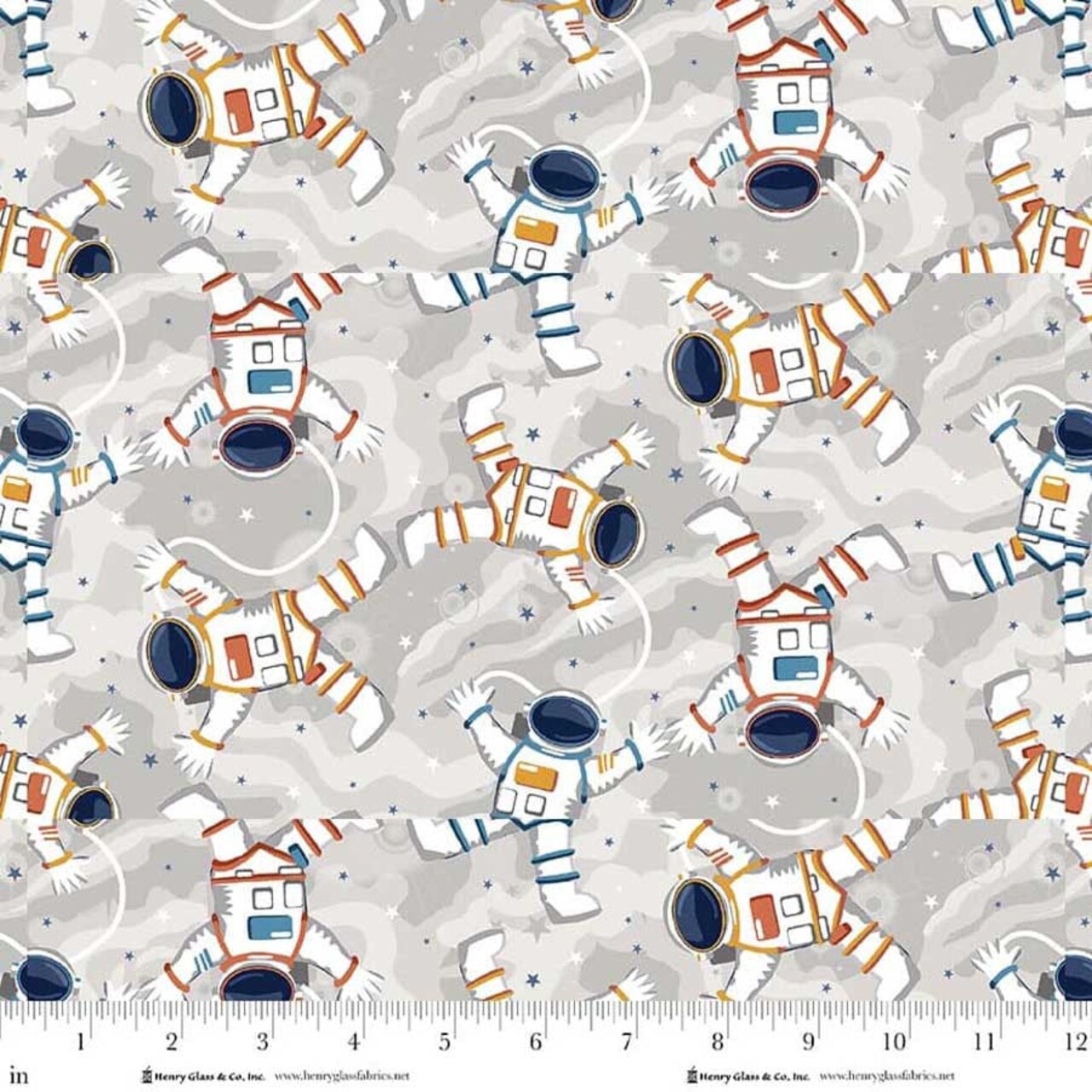 Fabric Henry Glass Gray Astronauts Milky Way Glow in the Dark by the Quarter Yard 2118G-90